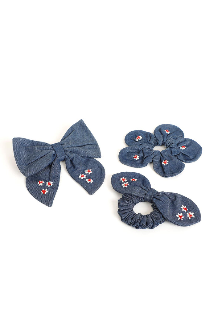 3 PACKBOW &  PERIWINKLE FLOWER  FEMALE HAIR SCRUNCHIES