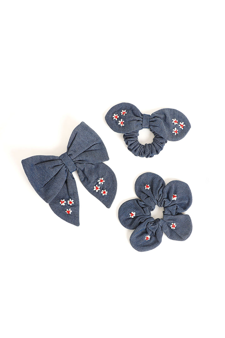 3 PACKBOW &  PERIWINKLE FLOWER  FEMALE HAIR SCRUNCHIES