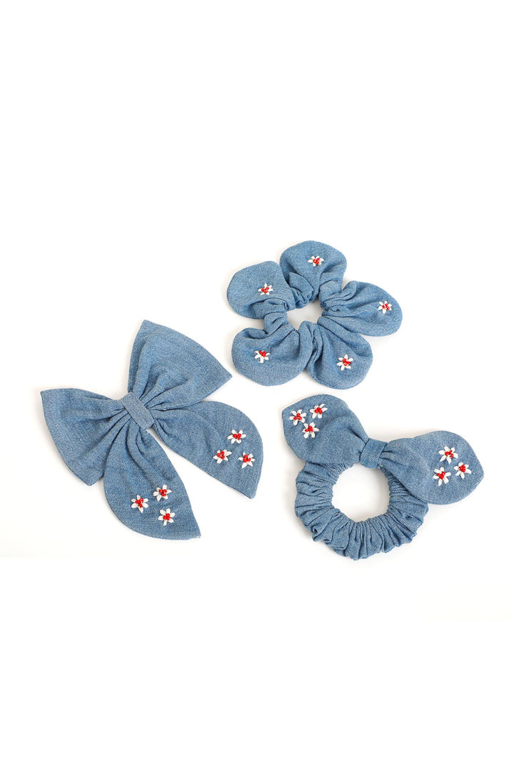 3 PACKBOW &  PERIWINKLE FLOWER  FEMALE HAIR SCRUNCHIES