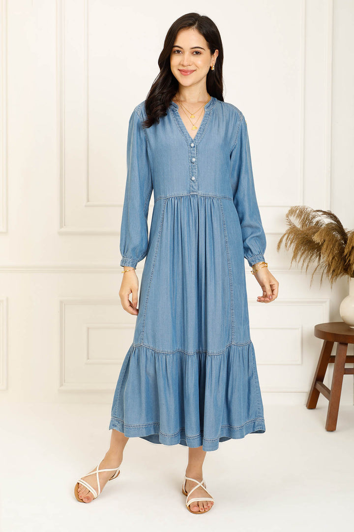 TIERED DENIM DRESS