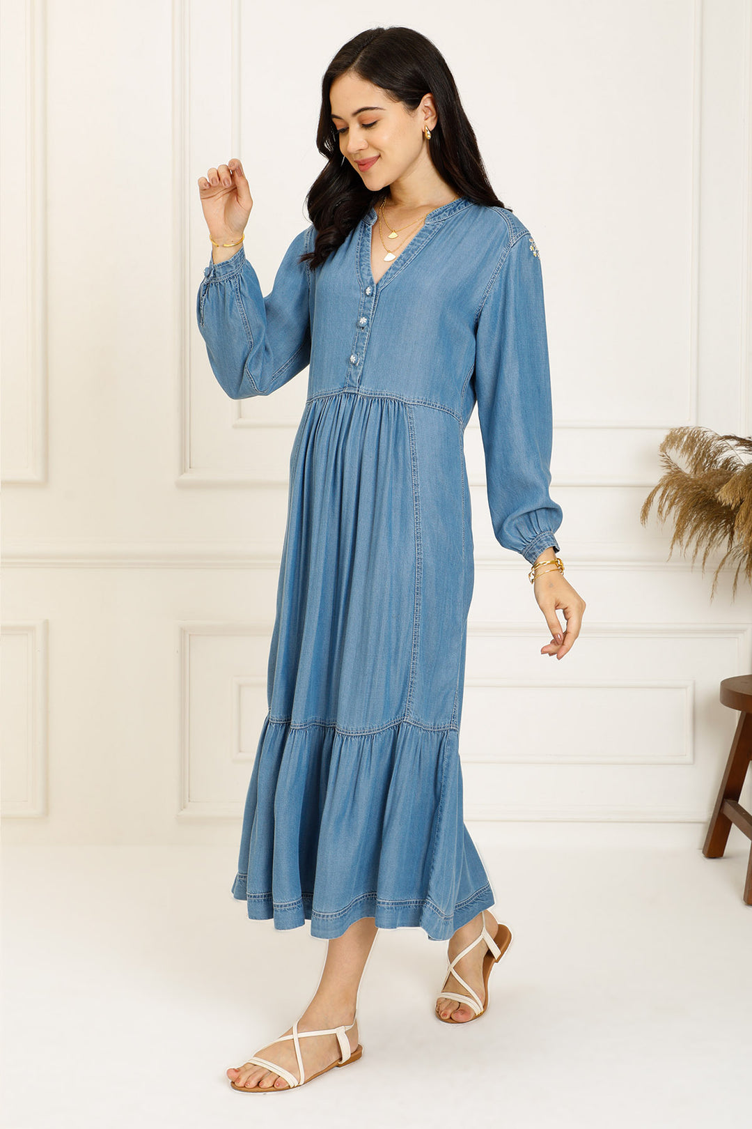 TIERED DENIM DRESS
