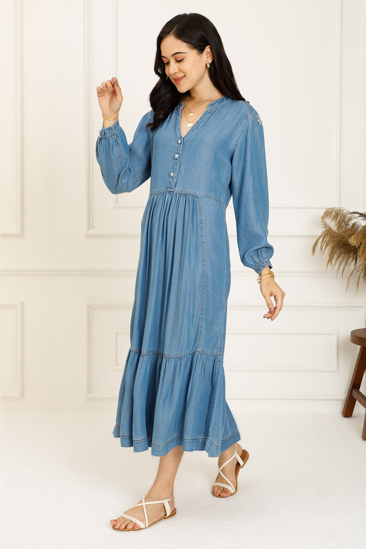 TIERED DENIM DRESS